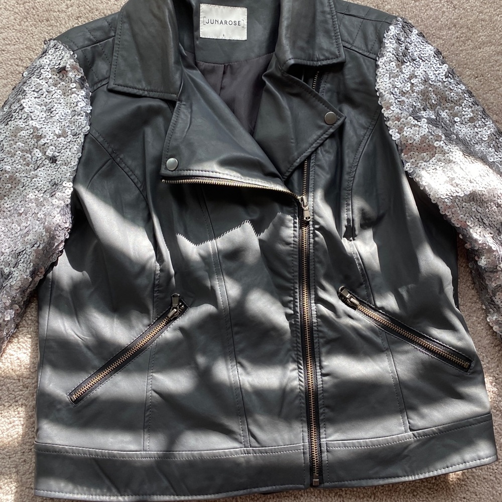 Vegan leather and sequins motto jacket